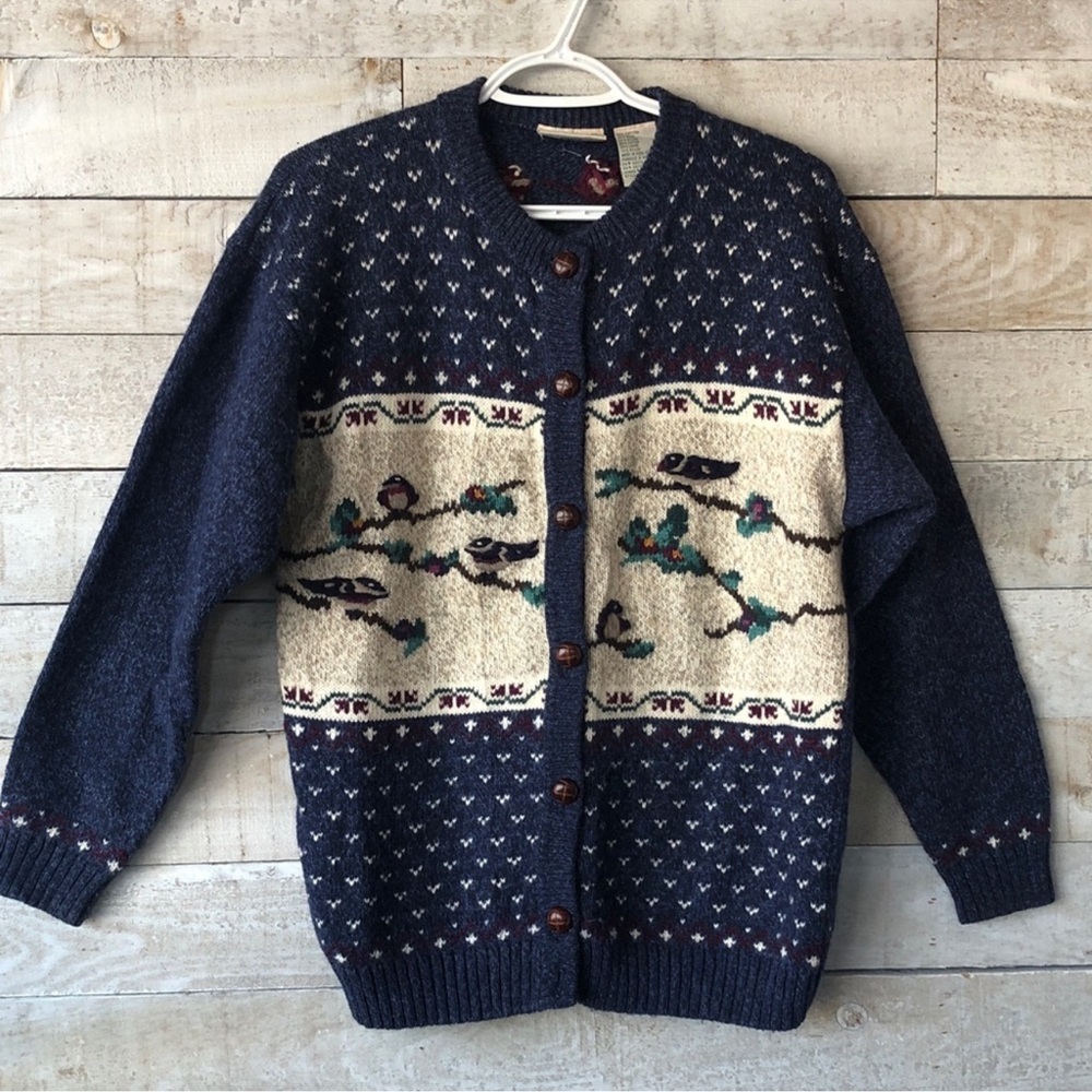 Vintage Wool Blend Embroidered Button Up Cardigan Sweater Birds Size L